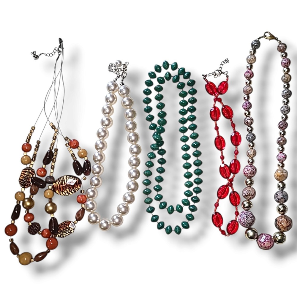 Lot 5 Vintage Acrylic Bead Necklaces Faux Pearl Green Red Pink Costume Jewelry 1
